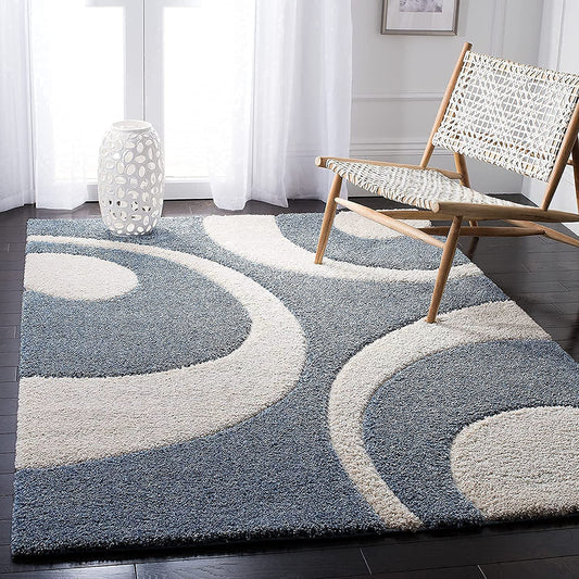 Modern Shaggy Carpet (Colour- Teal Blue & Cream)